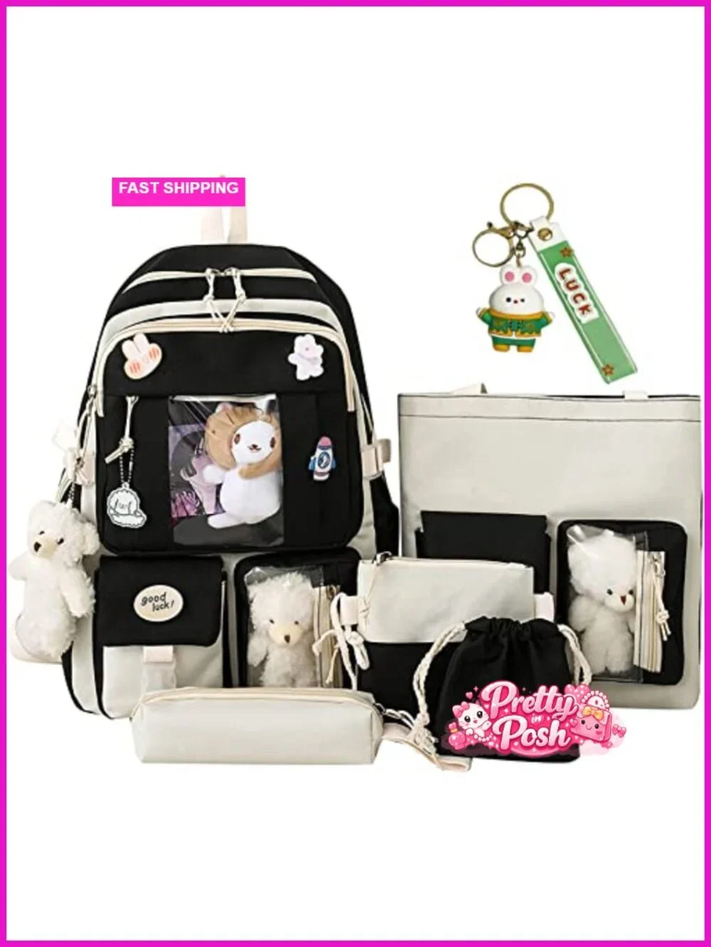 5pcs Kawaii Backpack Set with Shoulder Bag, Pencil Box, Tote Bag, Small Bag